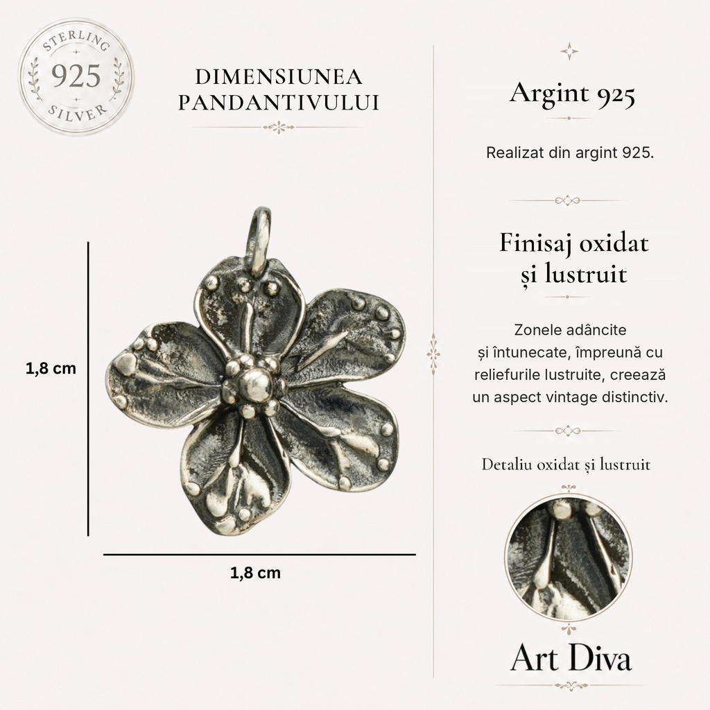 Pandantiv „Floare de vișin” din argint 925, realizat manual – talisman pentru iubire, nou început și armonie, bijuterie sculpturală în stil boho și rustic | Art Diva