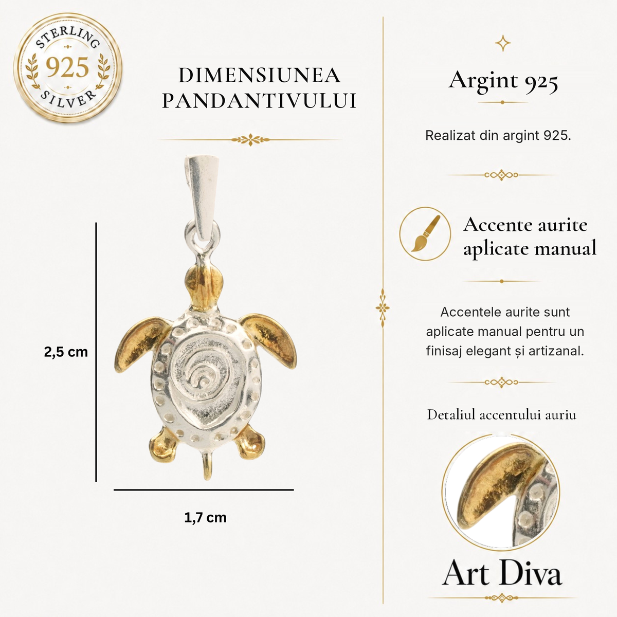 Pandantiv „Broască țestoasă” handmade din argint 925 cu accente aurii – talisman pentru liniște, reziliență și longevitate, bijuterie sculpturală în stil boho și rustic | Art Diva