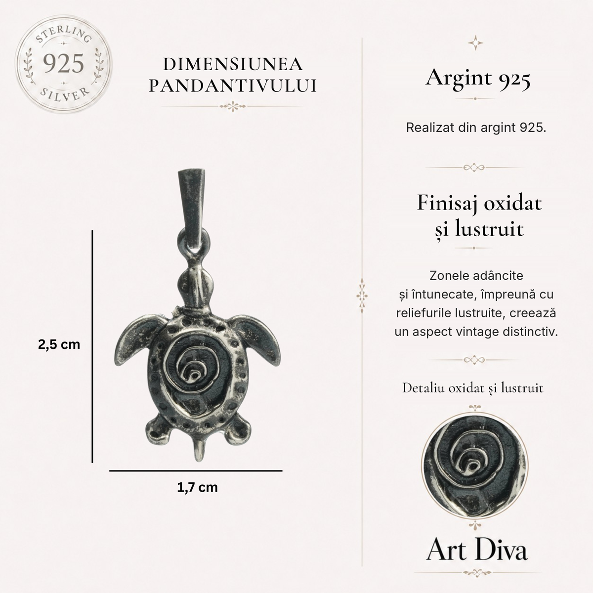 Pandantiv „Broască țestoasă” din argint 925, realizat manual – simbol al longevității, al înțelepciunii și al protecției, talisman în stil boho și rustic | Art Diva