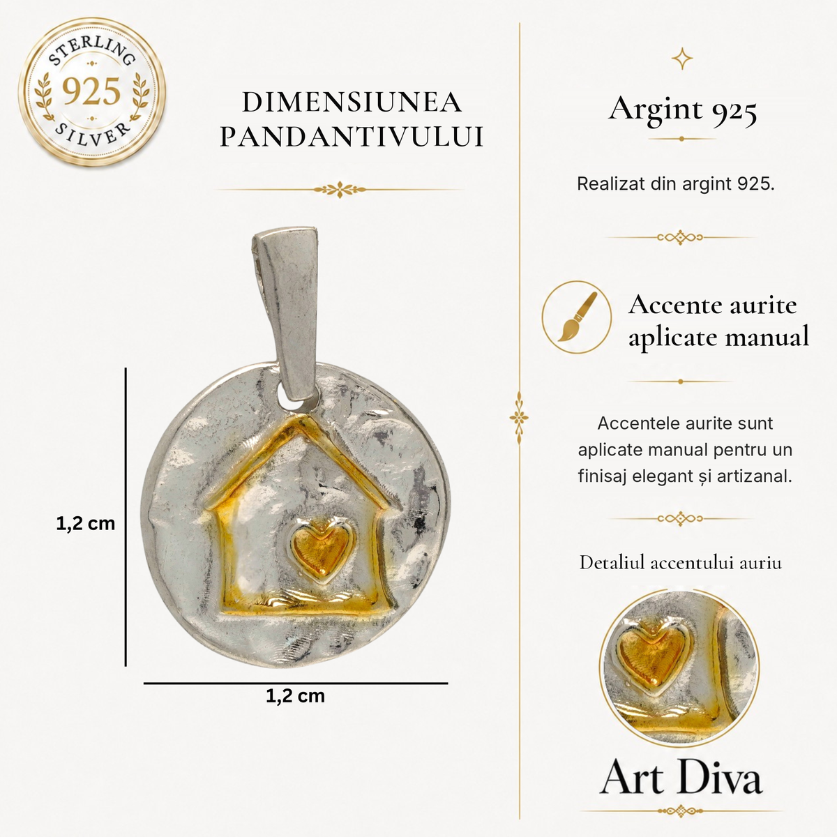 Pandantiv „Acasă este totul” handmade din argint 925 cu accente aurii – simbol al iubirii și al familiei, bijuterie în stil boho și rustic | Art Diva