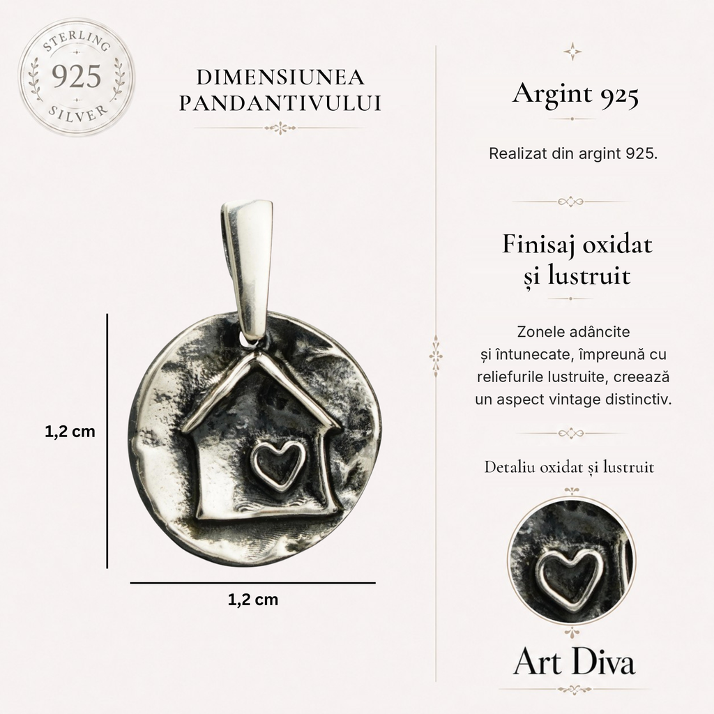 Pandantiv „Acasă e totul” – casă cu inimă din argint, realizat manual, simbol al căldurii familiei și al iubirii | Art Diva