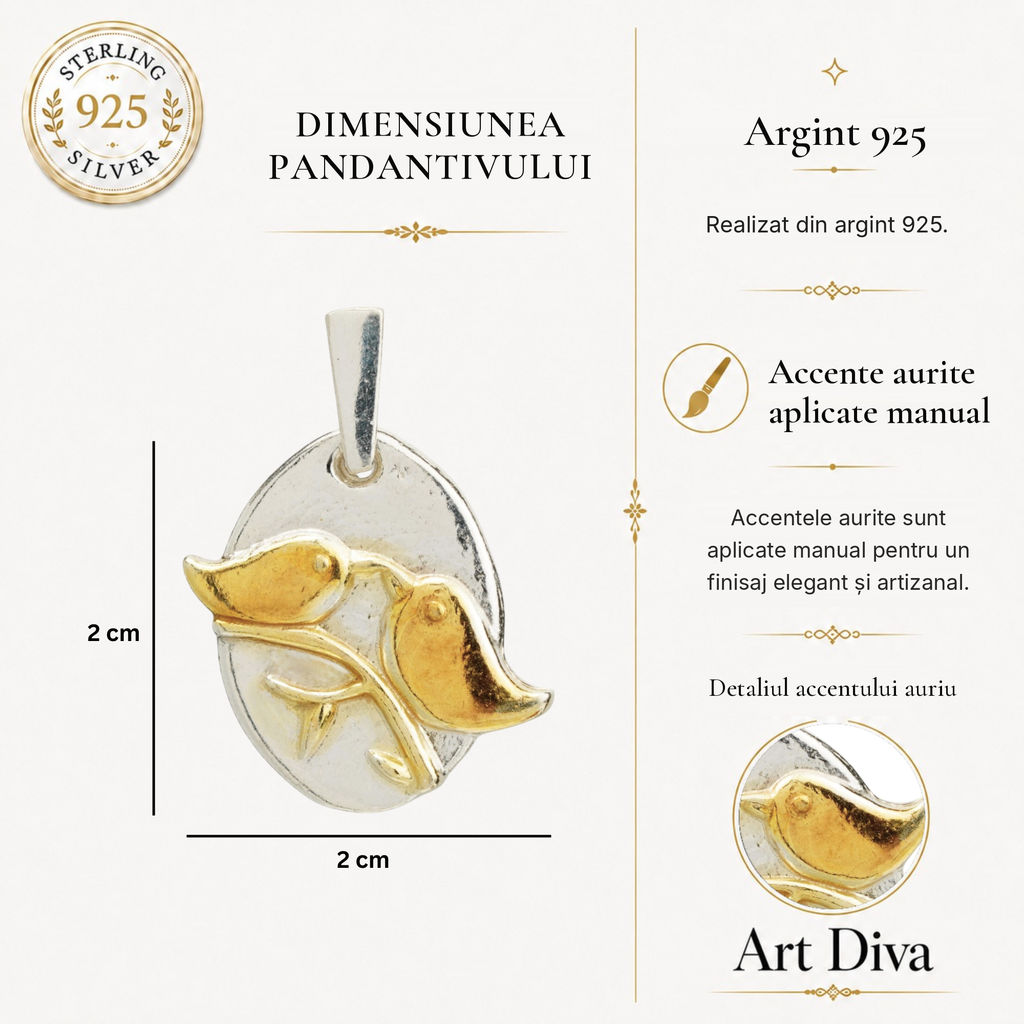 Pandantiv „Păsărele îndrăgostite” din argint 925 cu accente aurii – talisman pentru iubire, armonie și bucurie împărtășită, bijuterie sculpturală handmade în stil boho și rustic | Art Diva