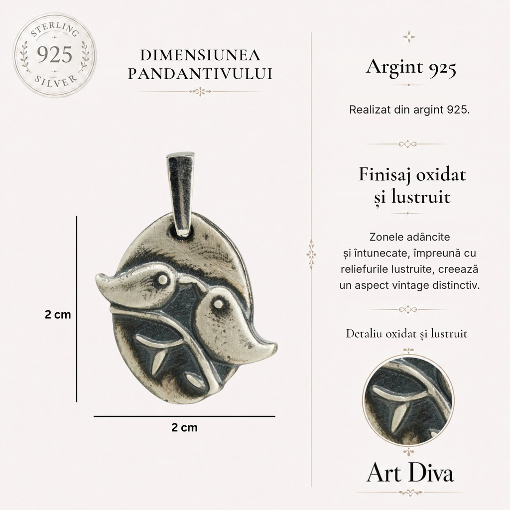 Pandantiv „Puișori îndrăgostiți” din argint 925, realizat manual – simbol al iubirii și al armoniei, bijuterie sculpturală în stil boho și rustic | Art Diva