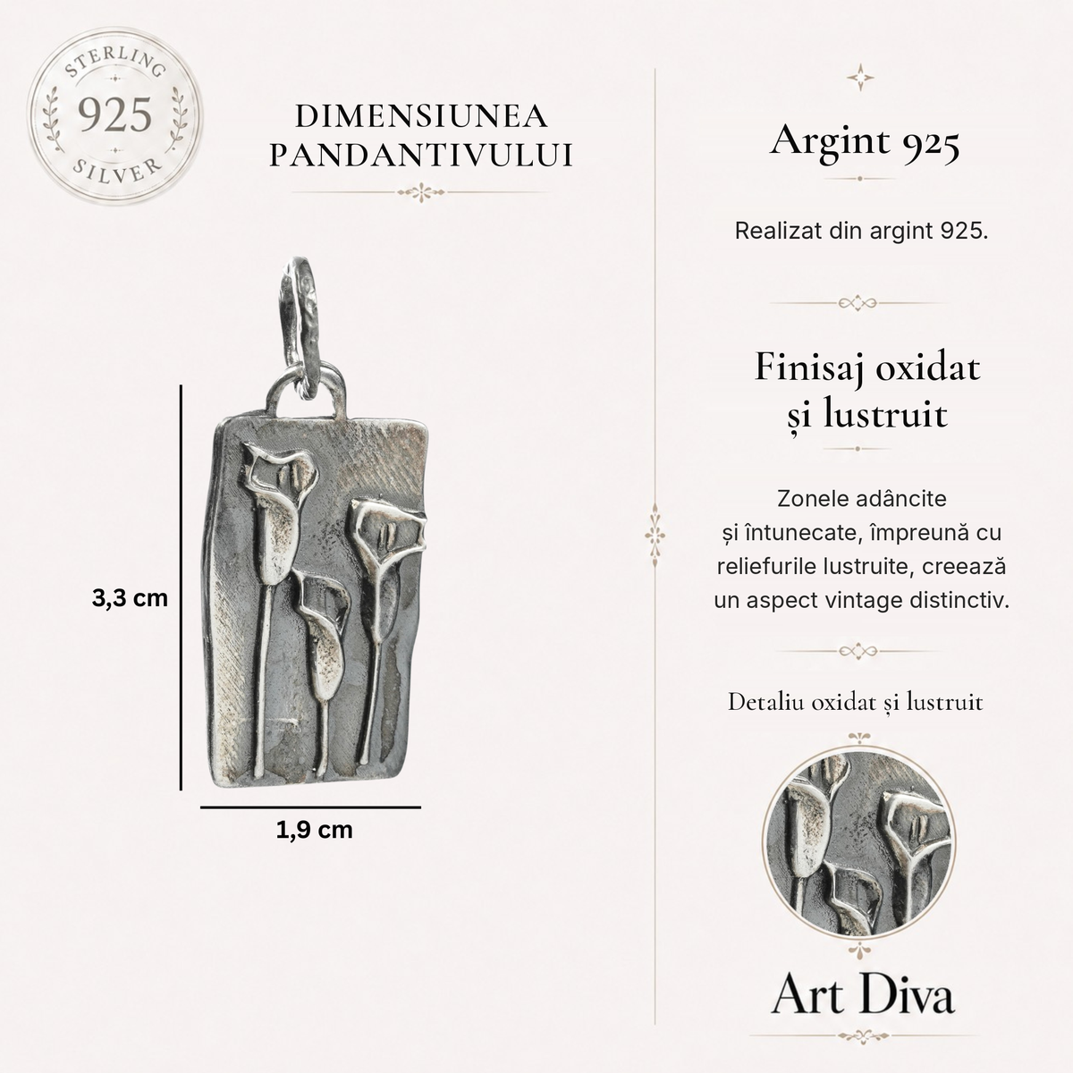 Pandantiv din argint 925 „Trei flori de cală” – simbol al feminității, al frumuseții și al armoniei | Talisman pentru prietenie și apropiere | Art Diva