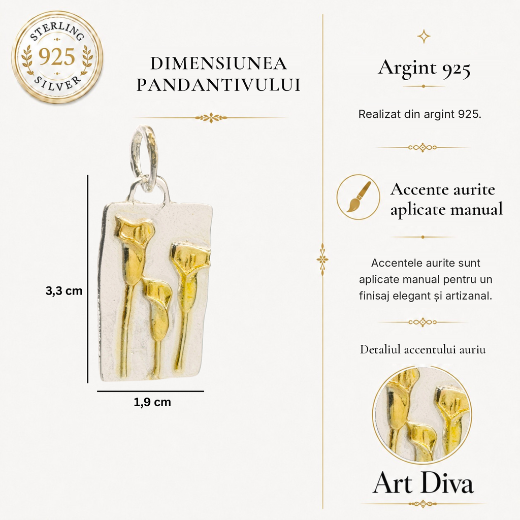 Pandantiv din argint 925 „Trei cale cu accente aurii” | Boho – Rustic – Bijuterie sculpturală | Realizat manual | Art Diva