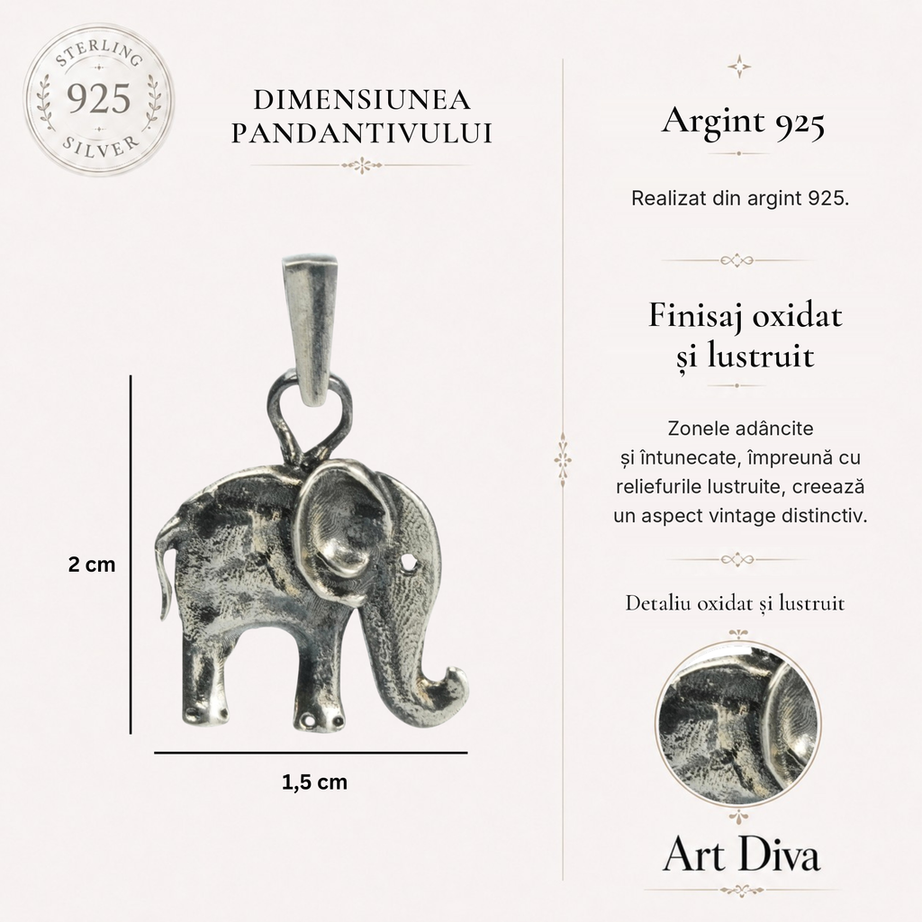 Pandantiv „Elefănțel” din argint 925 – talisman pentru noroc, înțelepciune și protecție, bijuterie sculpturală oxidată în stil boho și rustic | Art Diva