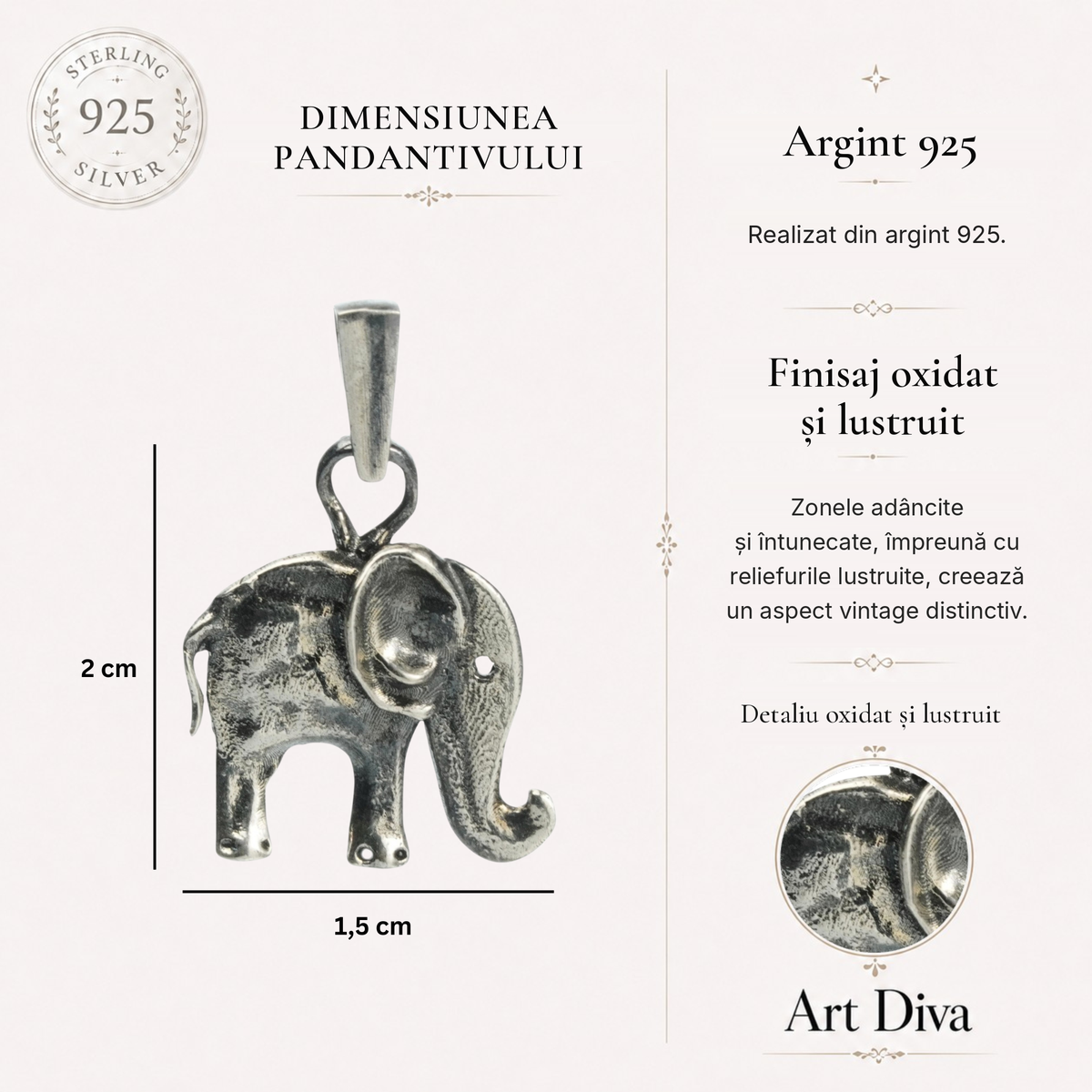 Pandantiv „Elefănțel” din argint 925 – talisman pentru noroc, înțelepciune și protecție, bijuterie sculpturală oxidată în stil boho și rustic | Art Diva