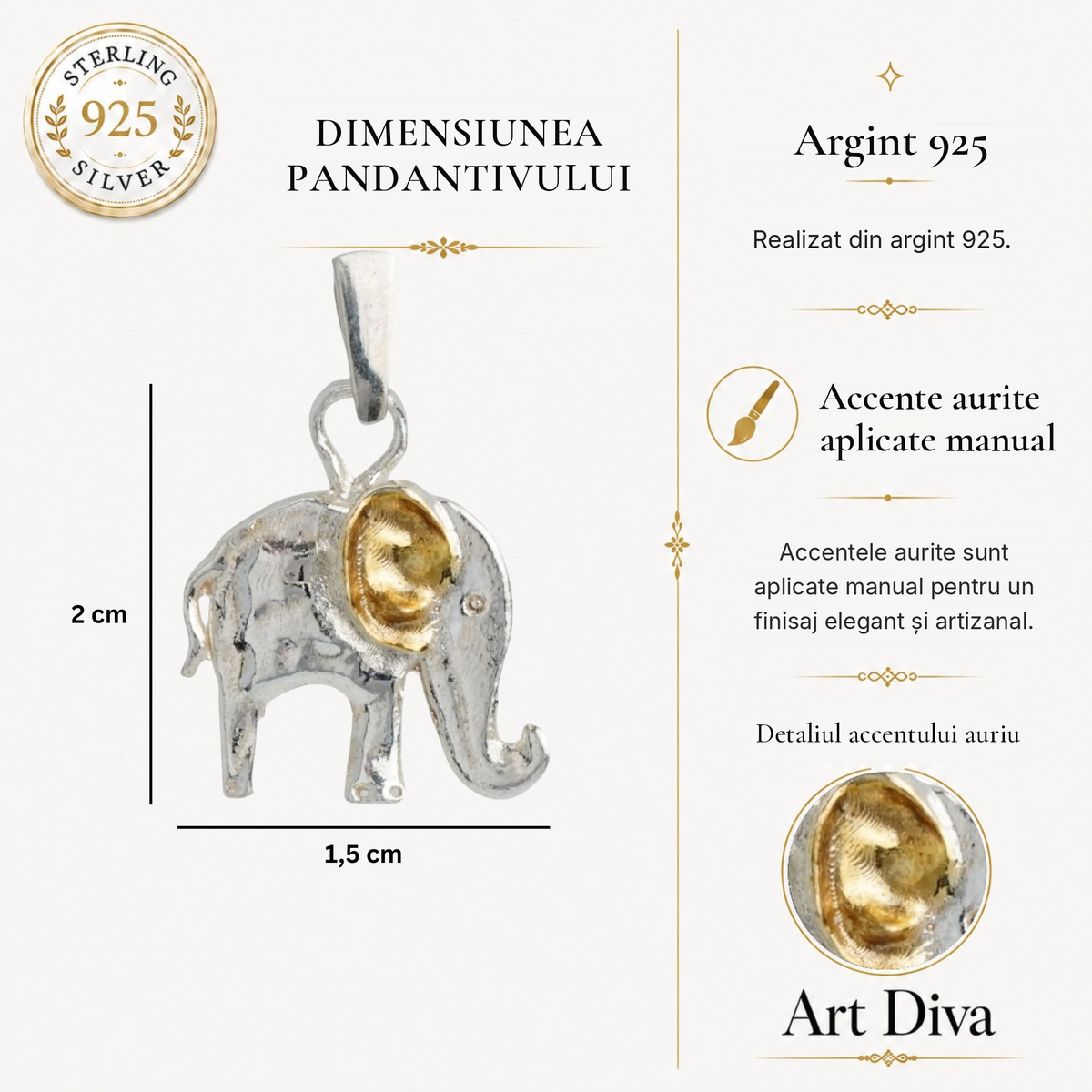 Pandantiv „Elefant Mic” din argint 925 cu accente aurii – simbol al norocului, al înțelepciunii și al protecției, bijuterie sculpturală în stil boho și rustic | Art Diva