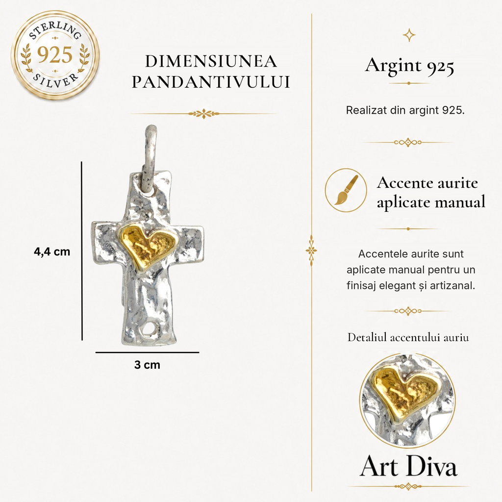Pandantiv „Cruce cu inimă” din argint 925 cu accente aurii – talisman realizat manual pentru credință și iubire, în stil boho și rustic | Art Diva
