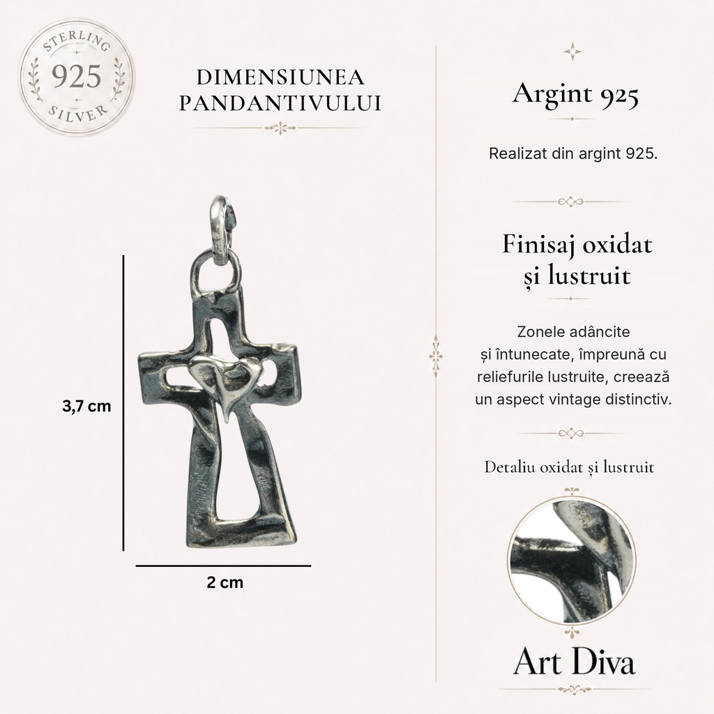 Pandantiv Cruce cu Inimă din argint 925 – bijuterie sculpturală oxidată, simbol al credinței și al iubirii | Art Diva