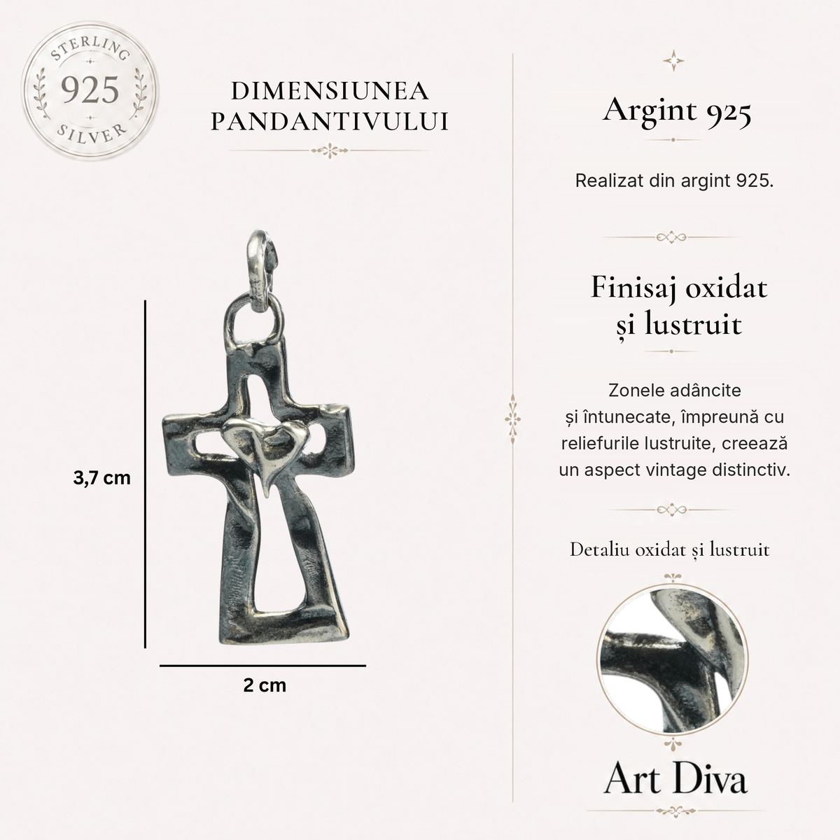Pandantiv Cruce cu Inimă din argint 925 – bijuterie sculpturală oxidată, simbol al credinței și al iubirii | Art Diva