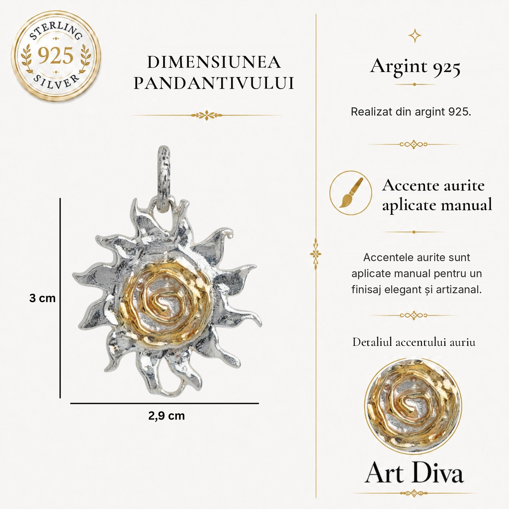 Pandantiv „Soare în spirală” din argint 925 – talisman pentru energie, lumină și forță interioară, bijuterie sculpturală handmade în stil boho și rustic, potrivit pentru lanț sau brățară | Art Diva