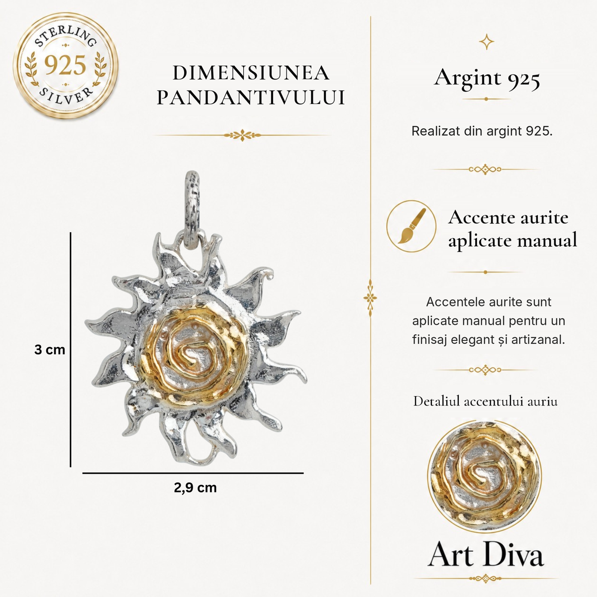 Pandantiv „Soare în spirală” din argint 925 – talisman pentru energie, lumină și forță interioară, bijuterie sculpturală handmade în stil boho și rustic, potrivit pentru lanț sau brățară | Art Diva