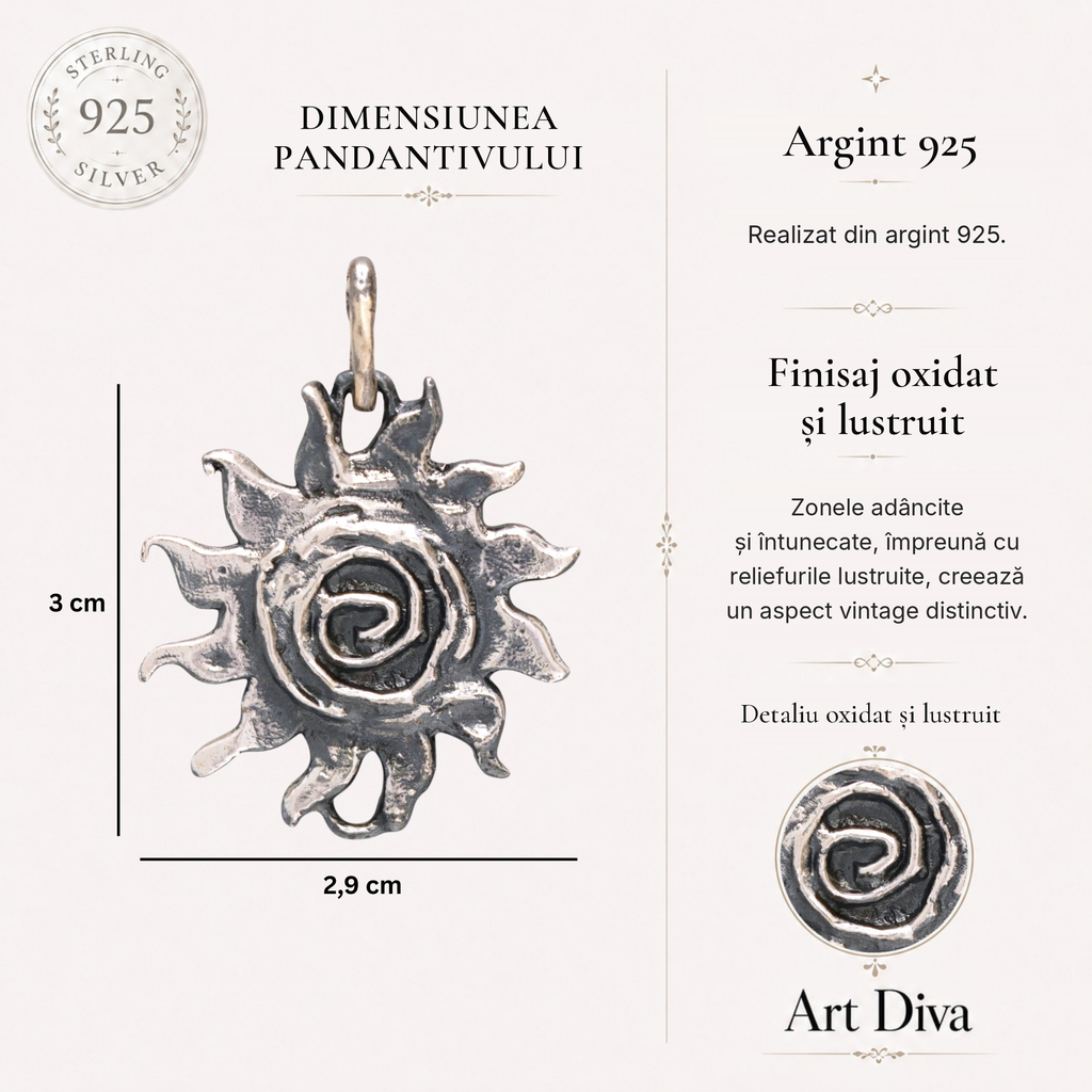 Element decorativ „Soarele Vieții” din argint 925 – realizat manual pentru brățară sau colier | Art Diva