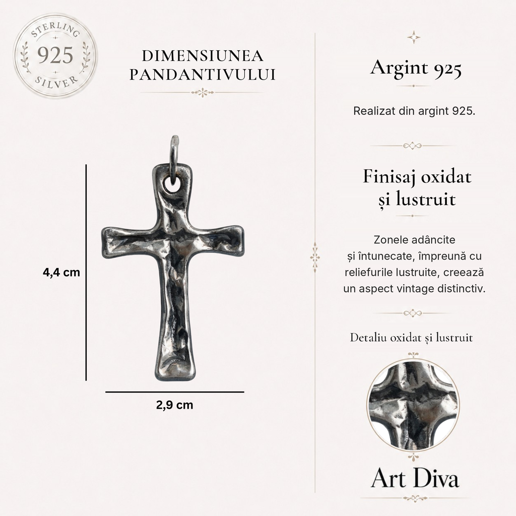Pandantiv cruce masivă „Forță și Credință” pentru bărbați din argint 925 – bijuterie sculpturală în stil boho rustic | Art Diva