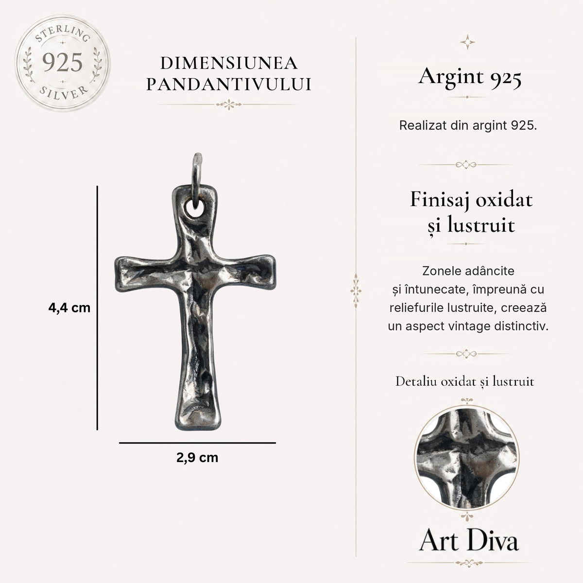 Pandantiv cruce masivă „Forță și Credință” pentru bărbați din argint 925 – bijuterie sculpturală în stil boho rustic | Art Diva