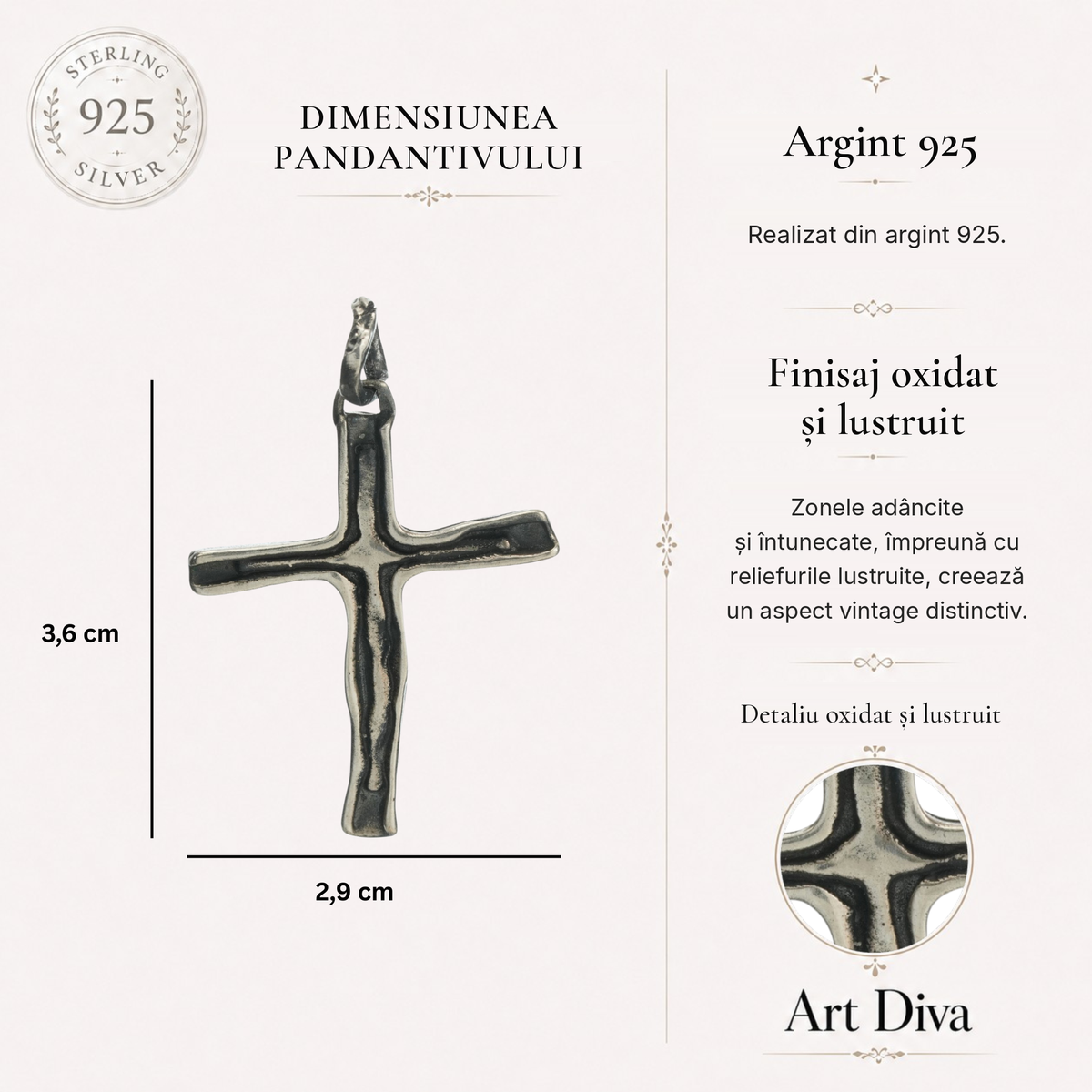 Pandantiv cruce pentru femei din argint 925 – realizat manual, cu suprafață oxidată în stil boho rustic | Art Diva