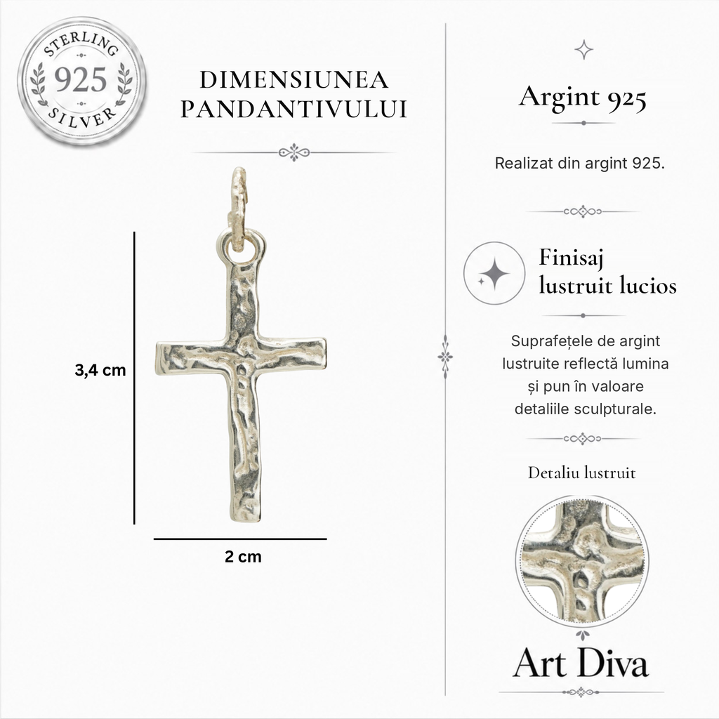 Pandantiv cruce „Răstignirea” pentru bărbați cu relief Iisus Hristos din argint sterling 925 – realizat manual | Art Diva