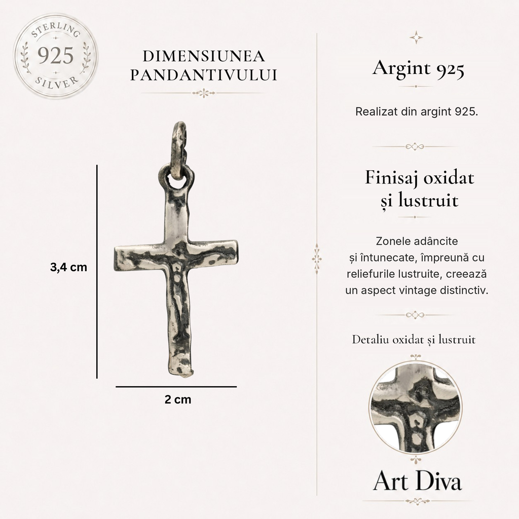 Pandantiv cruce „Răstignirea” pentru bărbați din argint sterling 925 cu Iisus Hristos – realizat manual | Art Diva