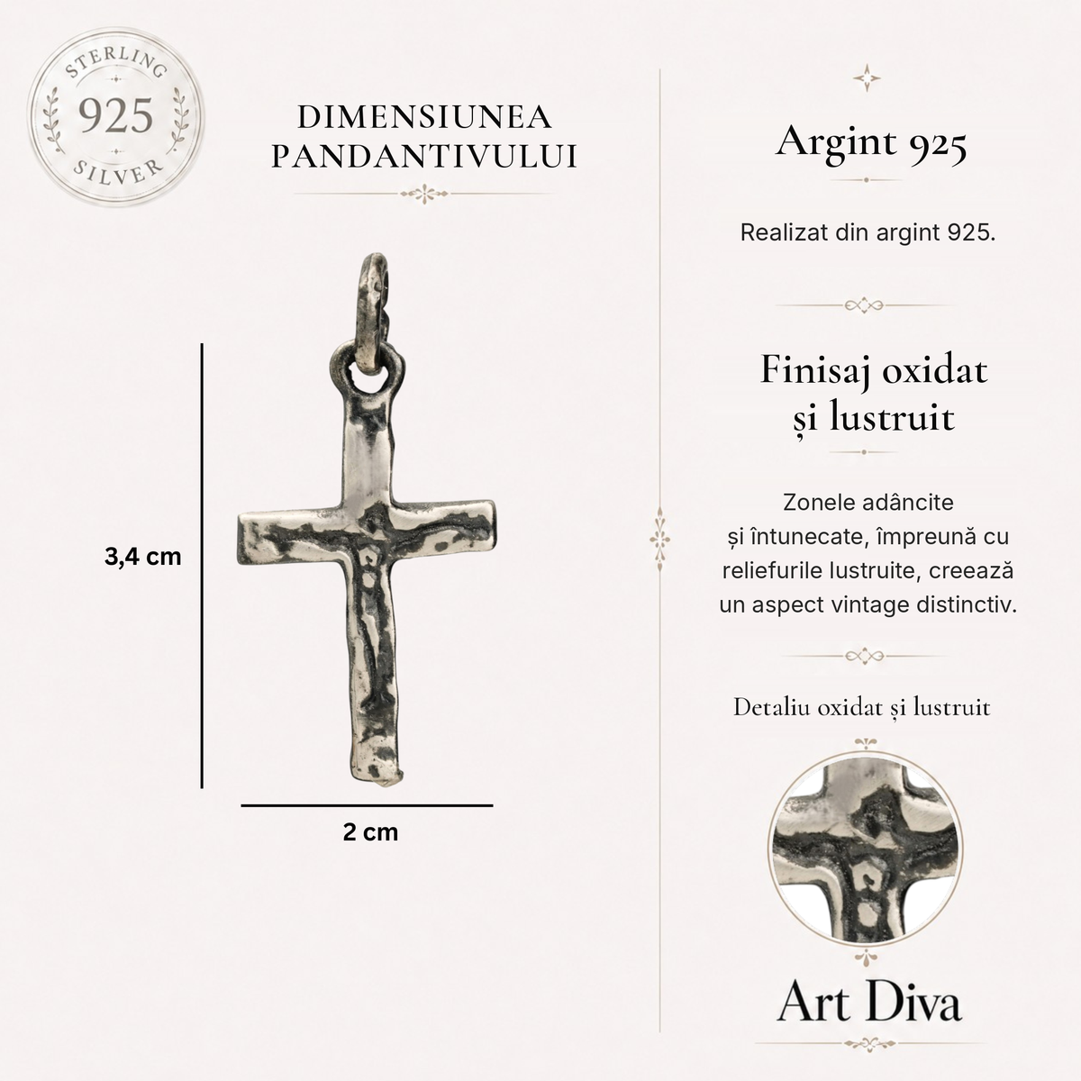 Pandantiv cruce „Răstignirea” pentru bărbați din argint sterling 925 cu Iisus Hristos – realizat manual | Art Diva