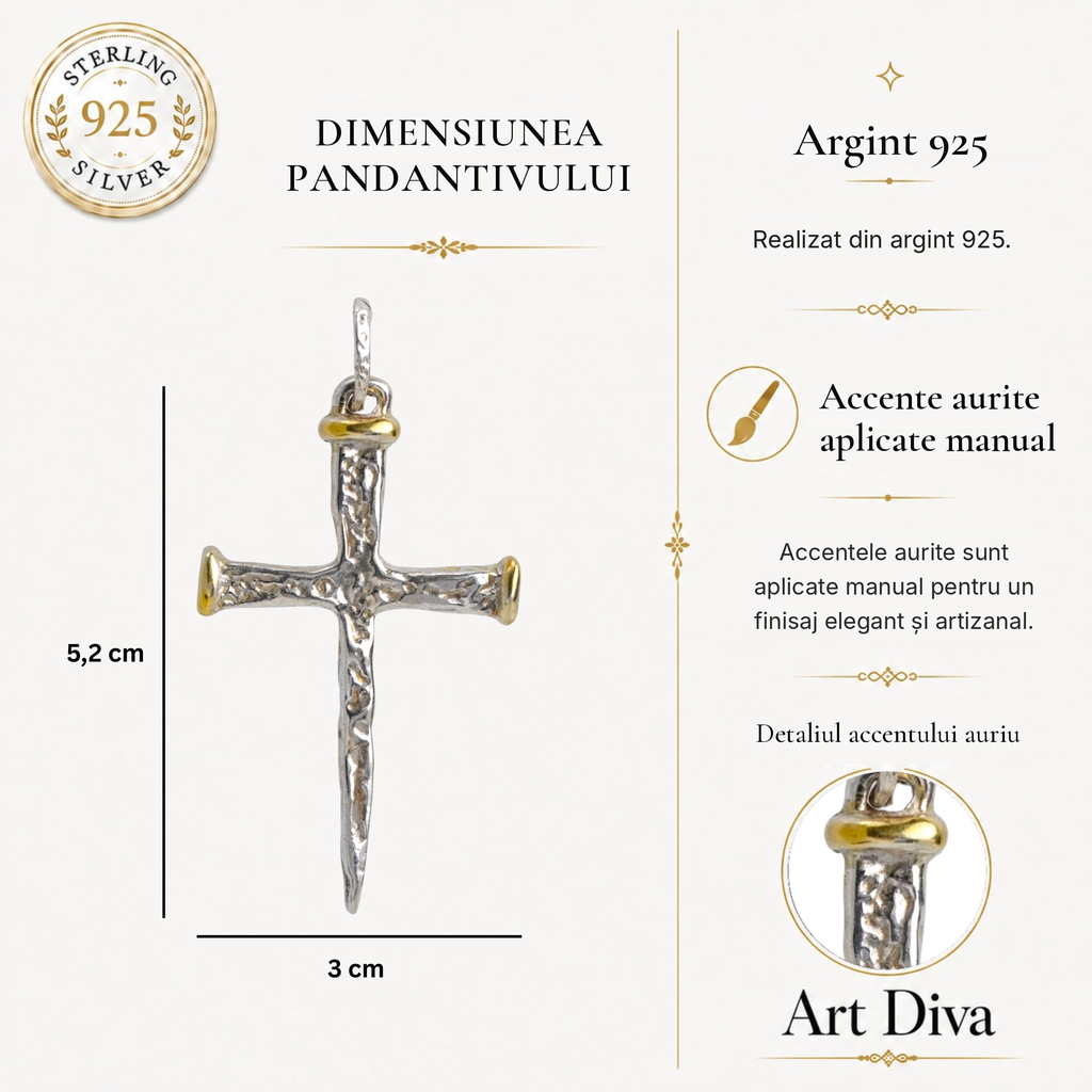 Pandantiv cruce pentru bărbați din argint 925 cu accente aurii – design boho și rustic | Art Diva
