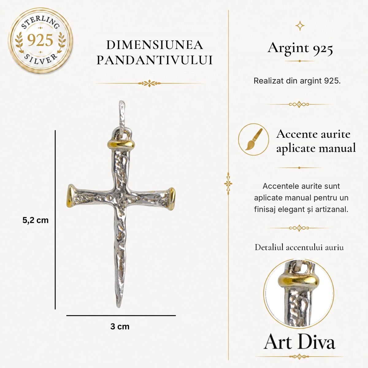 Pandantiv cruce pentru bărbați din argint 925 cu accente aurii – design boho și rustic | Art Diva