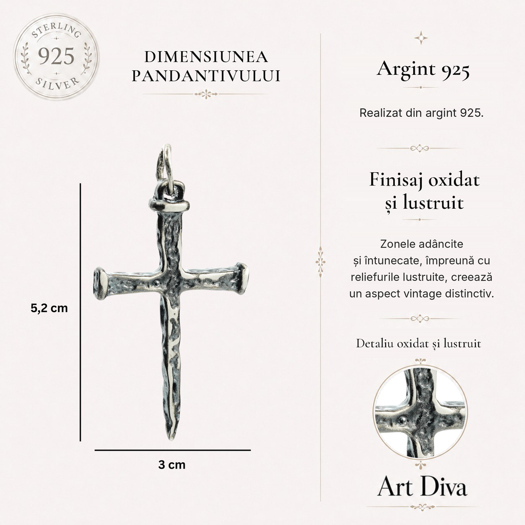 Pandantiv cruce pentru bărbați din argint 925 – simbol al credinței, realizat manual în stil boho și rustic | Art Diva
