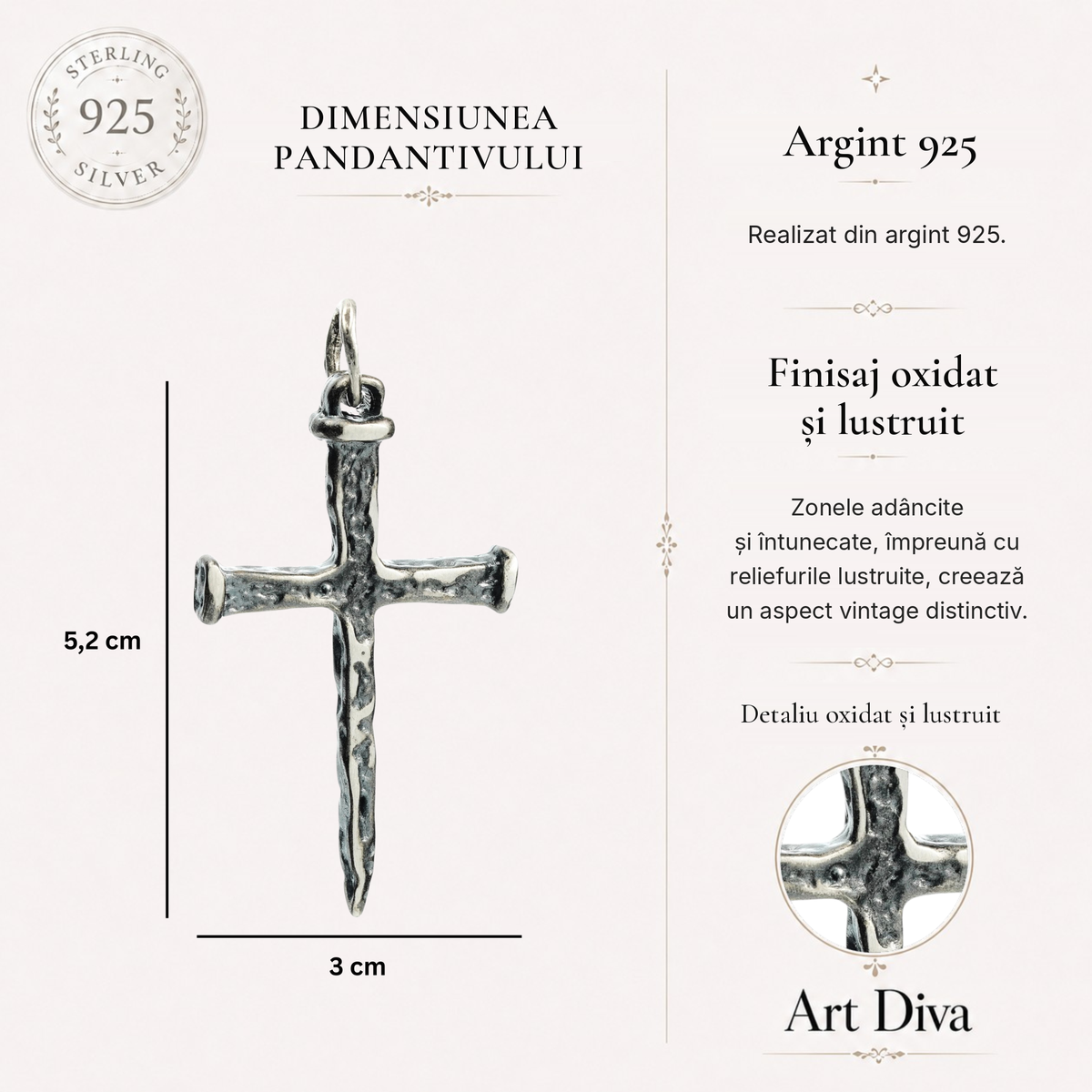 Pandantiv cruce pentru bărbați din argint 925 – simbol al credinței, realizat manual în stil boho și rustic | Art Diva