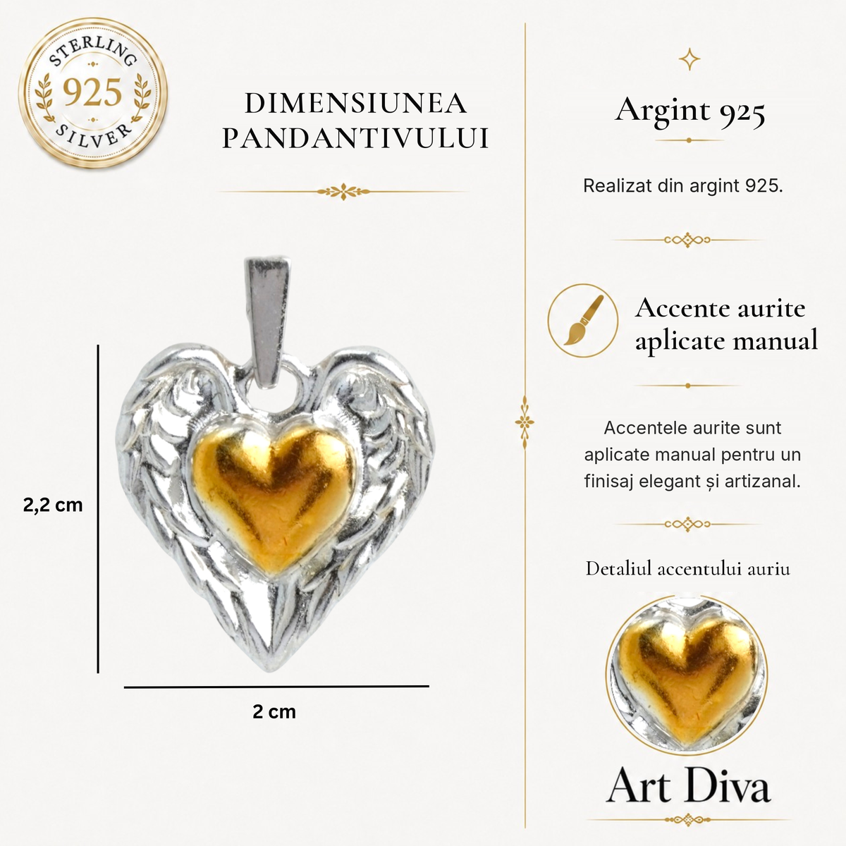 Pandantiv „Inimă cu aripi de înger” din argint 925 cu accent auriu – talisman handmade pentru protecție și iubire, în stil boho, artistic și rustic | Art Diva