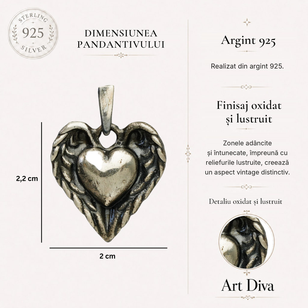 Pandantiv „Inimă cu aripi de înger” din argint 925 – talisman realizat manual pentru protecție și iubire, în stil boho artistic | Art Diva