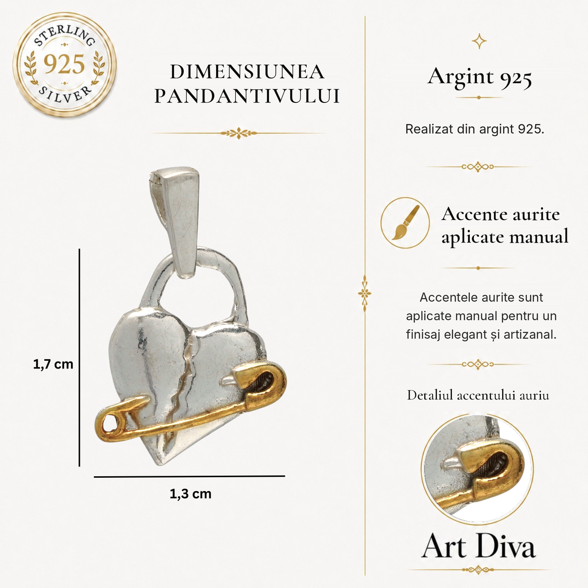 Pandantiv „Inimă rănită” din argint 925 cu accent auriu în formă de ac de siguranță – simbol al durerii trăite și al urmelor emoționale, bijuterie sculpturală în stil boho și rustic | Art Diva