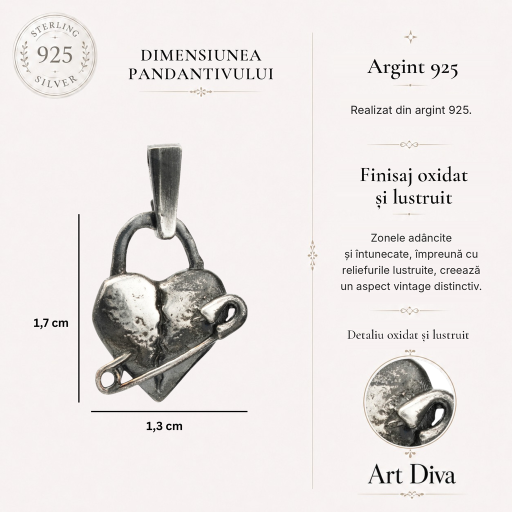 Pandantiv „Inimă petecită” din argint 925 cu ac de siguranță – simbol al durerii trăite și al urmelor emoționale, bijuterie sculpturală oxidată în stil boho și rustic | Art Diva