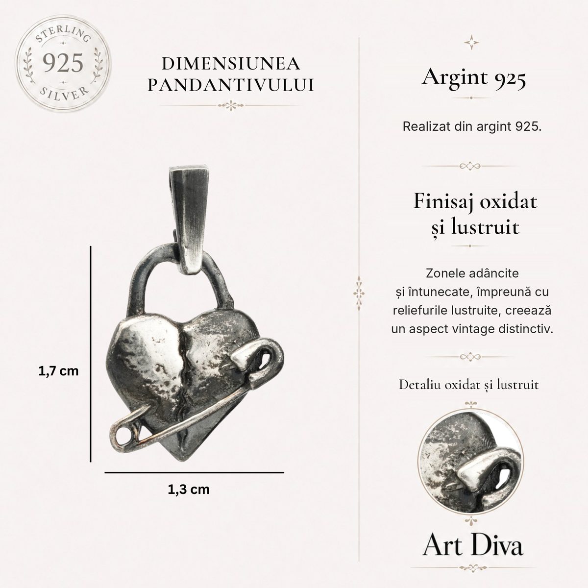 Pandantiv „Inimă petecită” din argint 925 cu ac de siguranță – simbol al durerii trăite și al urmelor emoționale, bijuterie sculpturală oxidată în stil boho și rustic | Art Diva