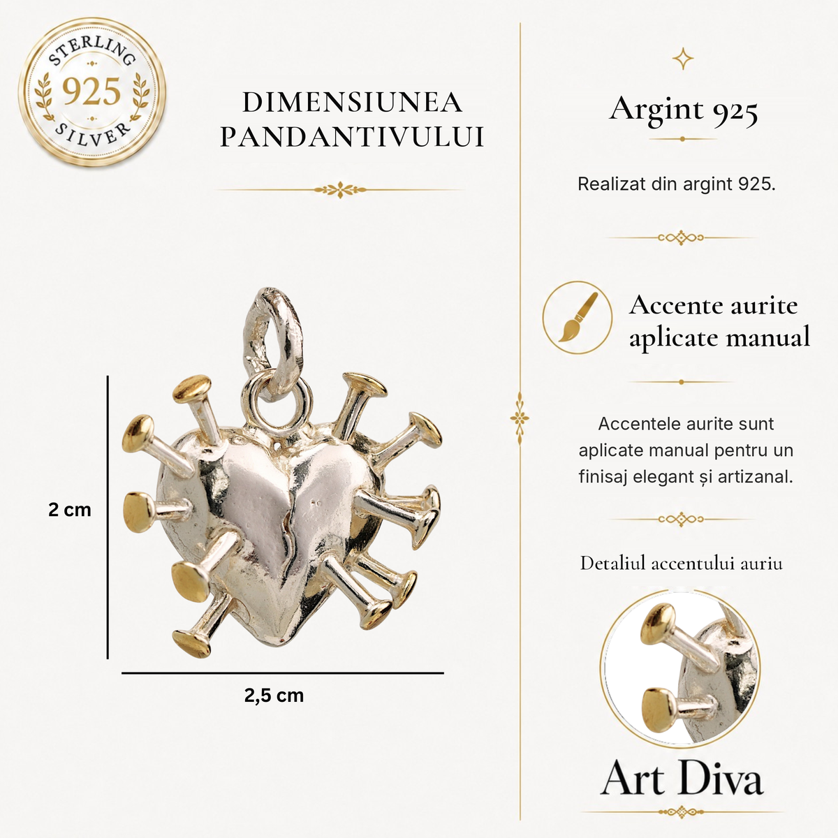 Pandantiv „Inimă cu spini” din argint 925 cu accente aurii – simbol al durerii, vindecării și forței interioare, bijuterie sculpturală în stil boho și rustic | Art Diva