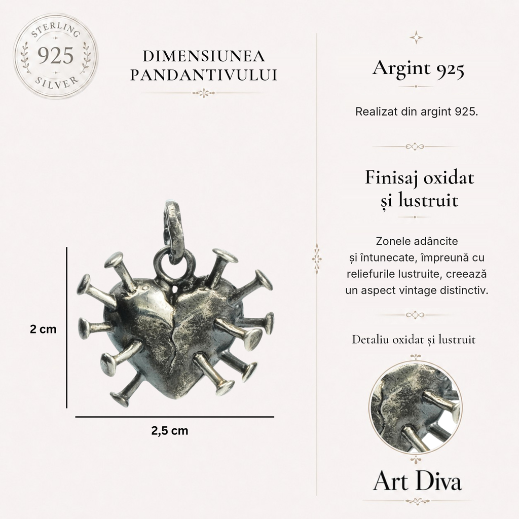 Pandantiv „Inimă cu cuie” din argint 925 – simbol al durerii, forței și iubirii trăite, bijuterie sculpturală în stil boho și rustic | Art Diva
