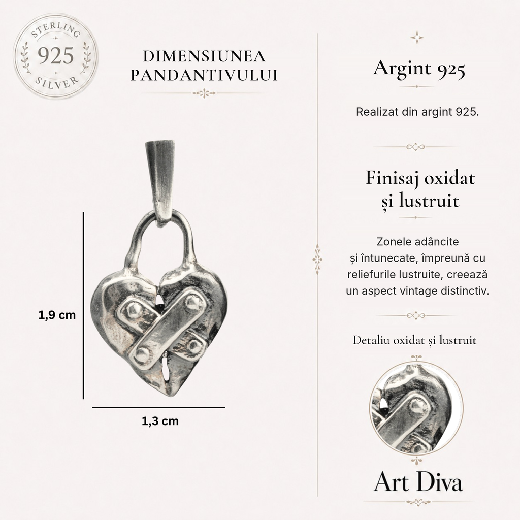 Pandantiv „Inima restaurată” din argint 925 – amuletă pentru speranță și nou început, bijuterie sculpturală în stil boho și rustic | Art Diva