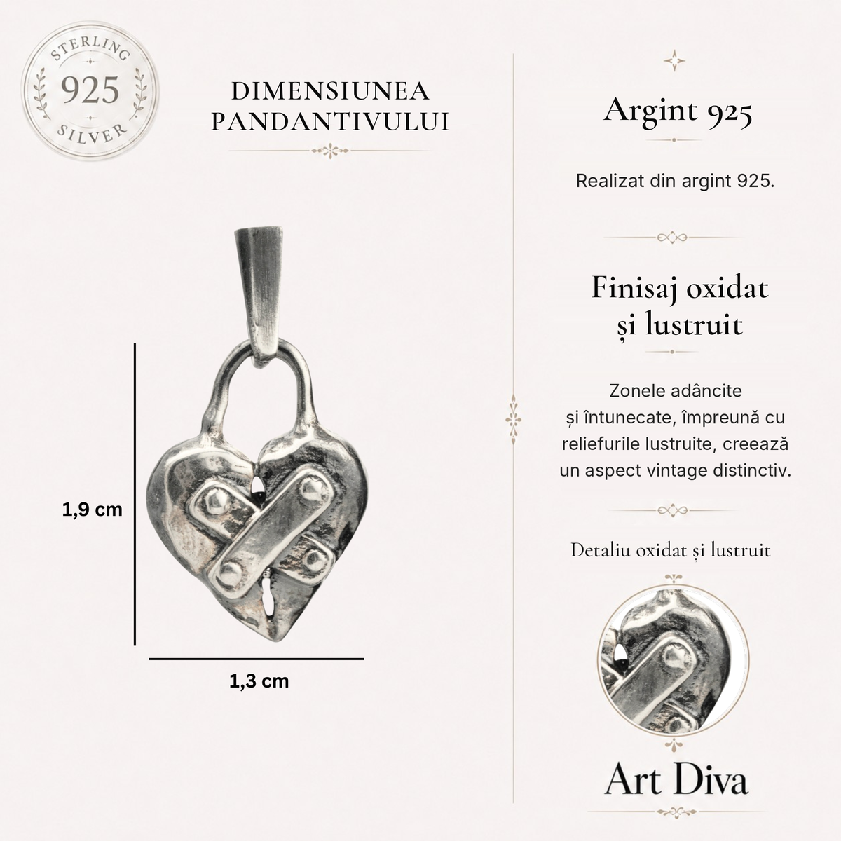 Pandantiv „Inima restaurată” din argint 925 – amuletă pentru speranță și nou început, bijuterie sculpturală în stil boho și rustic | Art Diva