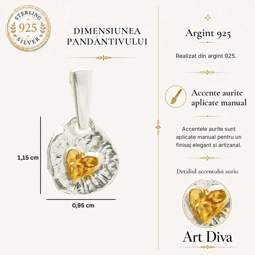 Pandantiv „Inimă aurie Love” din argint 925 cu accente aurii – amuletă handmade pentru iubire și lumină, bijuterie sculpturală în stil boho și rustic | Art Diva