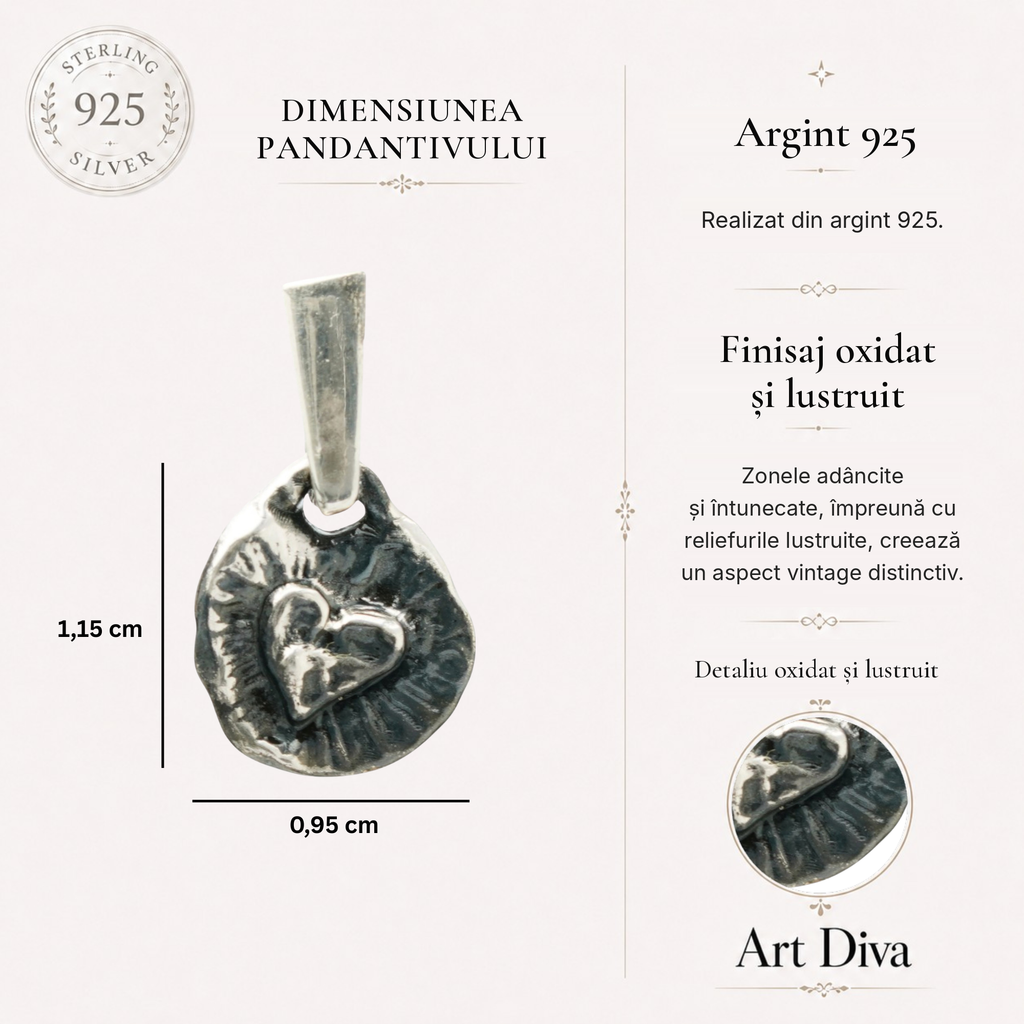 Pandantiv „Inimă cu LOVE” din argint 925 – talisman față-verso pentru iubire și apropiere emoțională, în stil boho și rustic | Art Diva