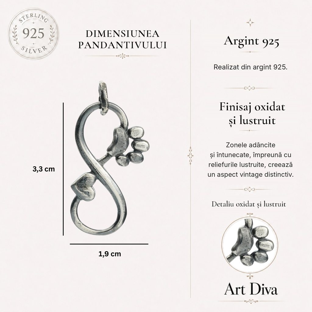 Element de bijuterie „Infinit cu Inimă și Lăbuță” din argint 925 – parțial oxidat, efect vintage, pentru colier sau brățară, talisman al apropierii și al loialității | Art Diva