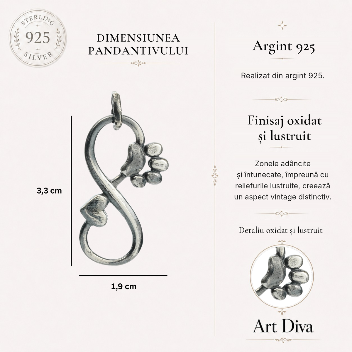 Element de bijuterie „Infinit cu Inimă și Lăbuță” din argint 925 – parțial oxidat, efect vintage, pentru colier sau brățară, talisman al apropierii și al loialității | Art Diva