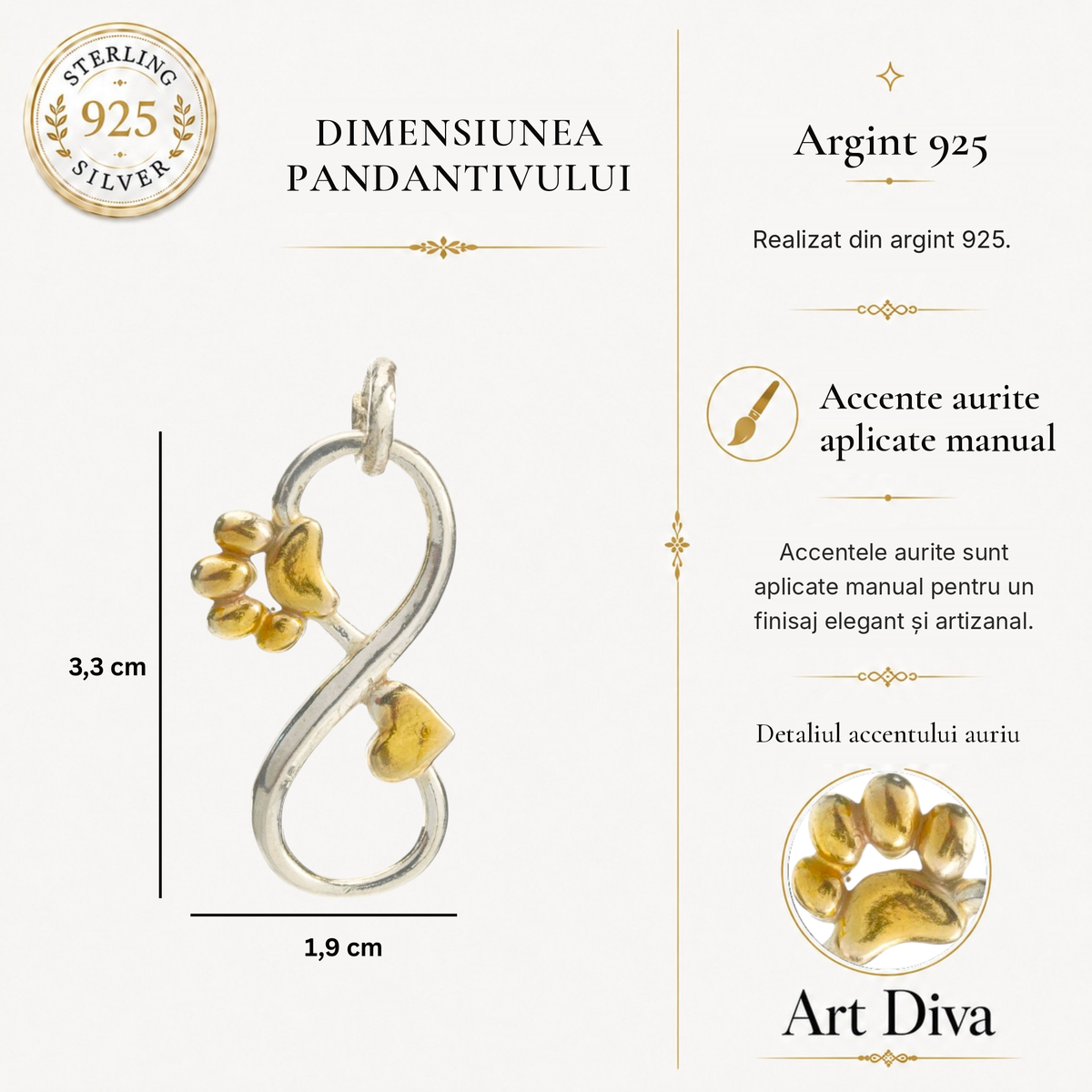 Element de bijuterie „Infinit cu Inimă și Lăbuță” din argint 925 cu accente aurii – pentru colier sau brățară, talisman al apropierii și al loialității | Art Diva