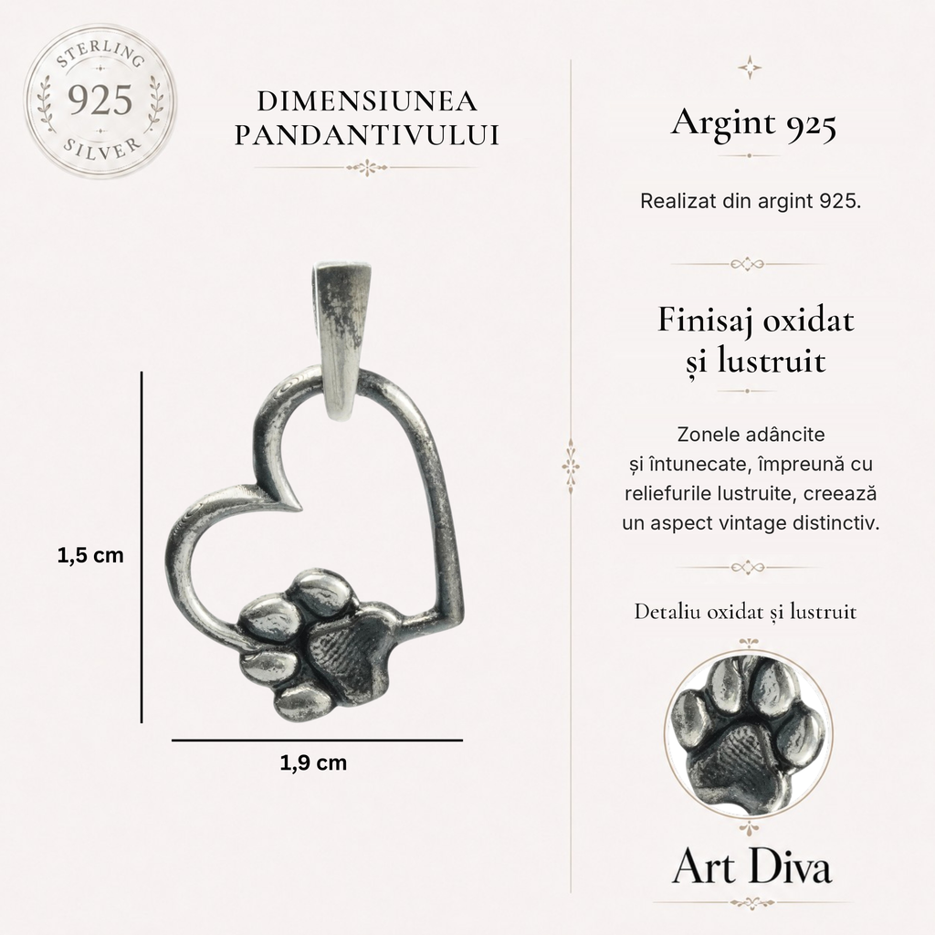 Pandantiv „Inimă și lăbuță” din argint 925 – simbol al iubirii pentru animale și talisman pentru loialitate și iubire necondiționată, bijuterie sculpturală oxidată în stil boho și rustic | Art Diva