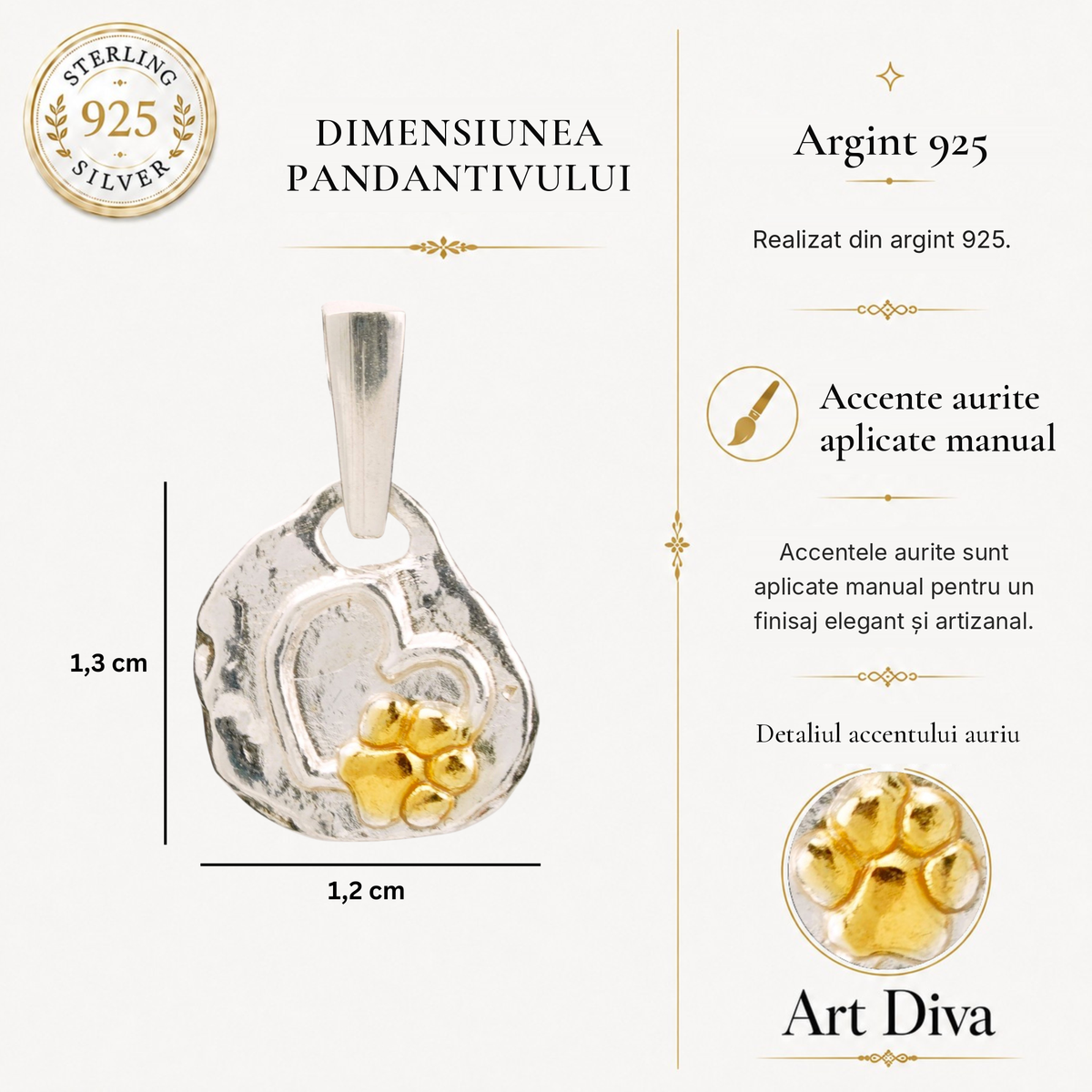Pandantiv „Lăbuță în inimă” din argint 925 cu accente aurii – talisman pentru dragostea față de animale, bijuterie sculpturală în stil boho și rustic | Art Diva
