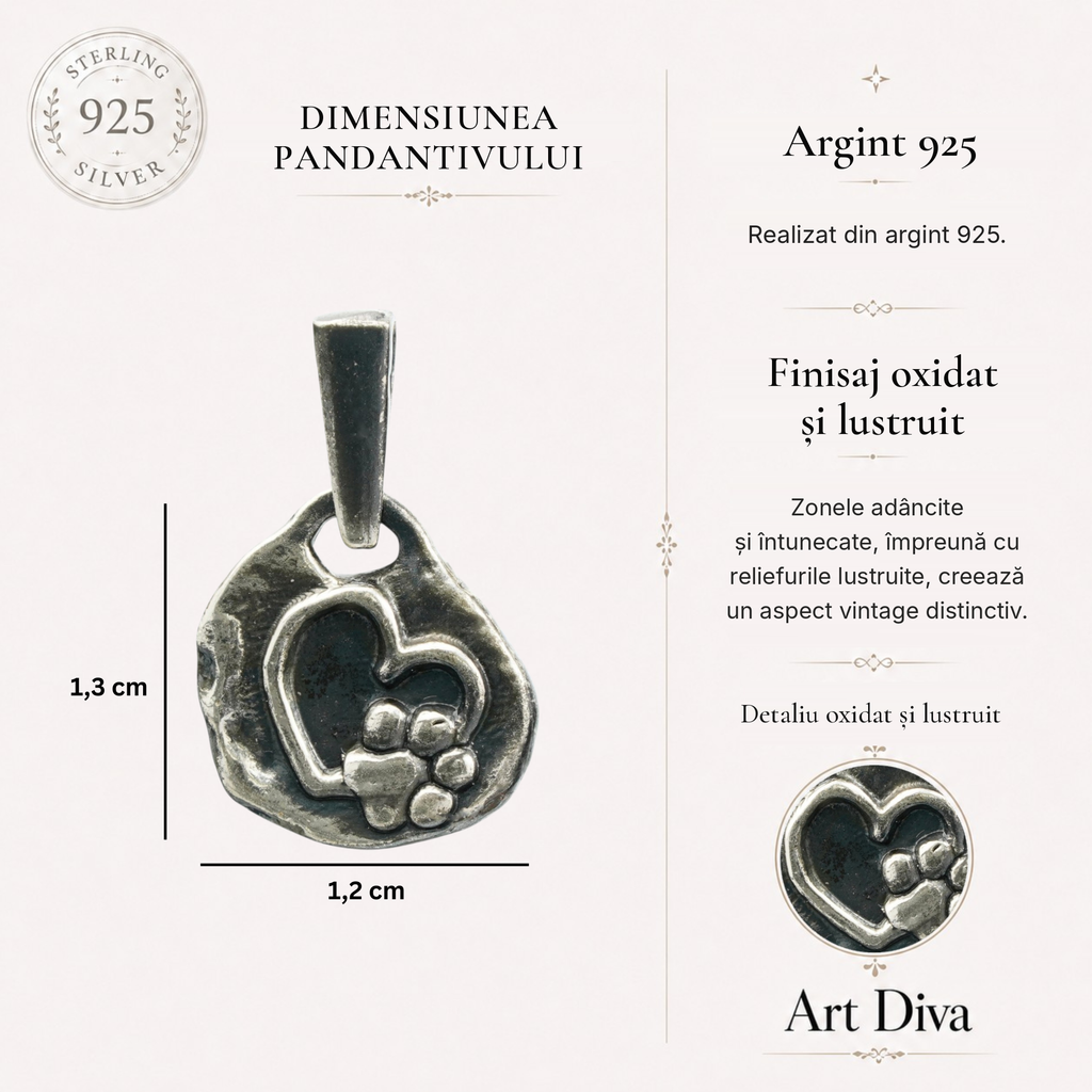 Pandantiv inimă cu lăbuță din argint 925 – pentru iubitorii de câini și pisici, simbol al iubirii, loialității și al legăturii necondiționate | Art Diva