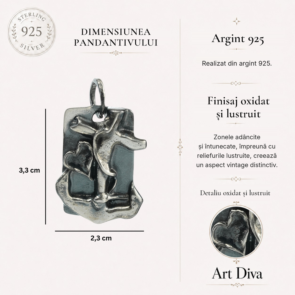 Pandantiv „Credință, Speranță și Iubire” pentru bărbați din argint 925 – bijuterie sculpturală realizată manual în stil boho și rustic | Art Diva