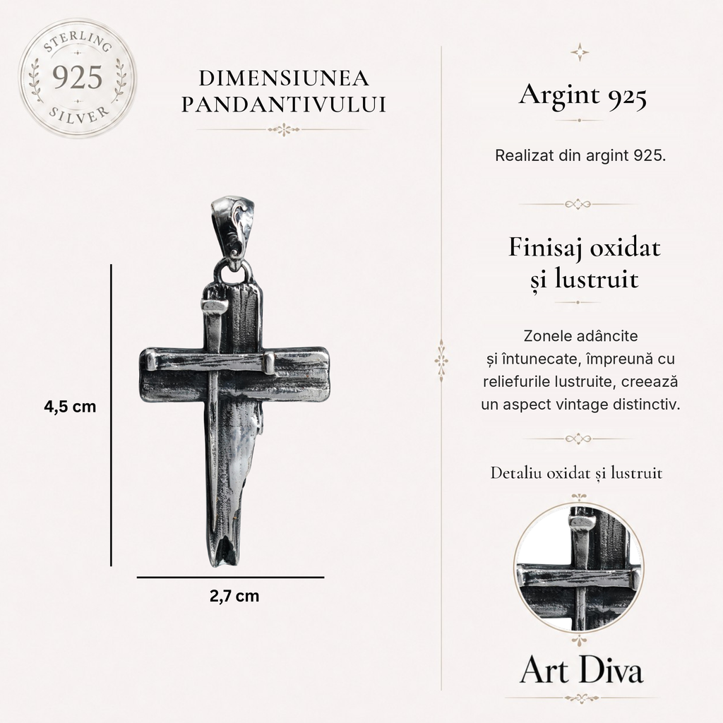 Pandantiv cruce masivă pentru bărbați din argint 925 – simbol al credinței și al hotărârii, realizat manual | Art Diva