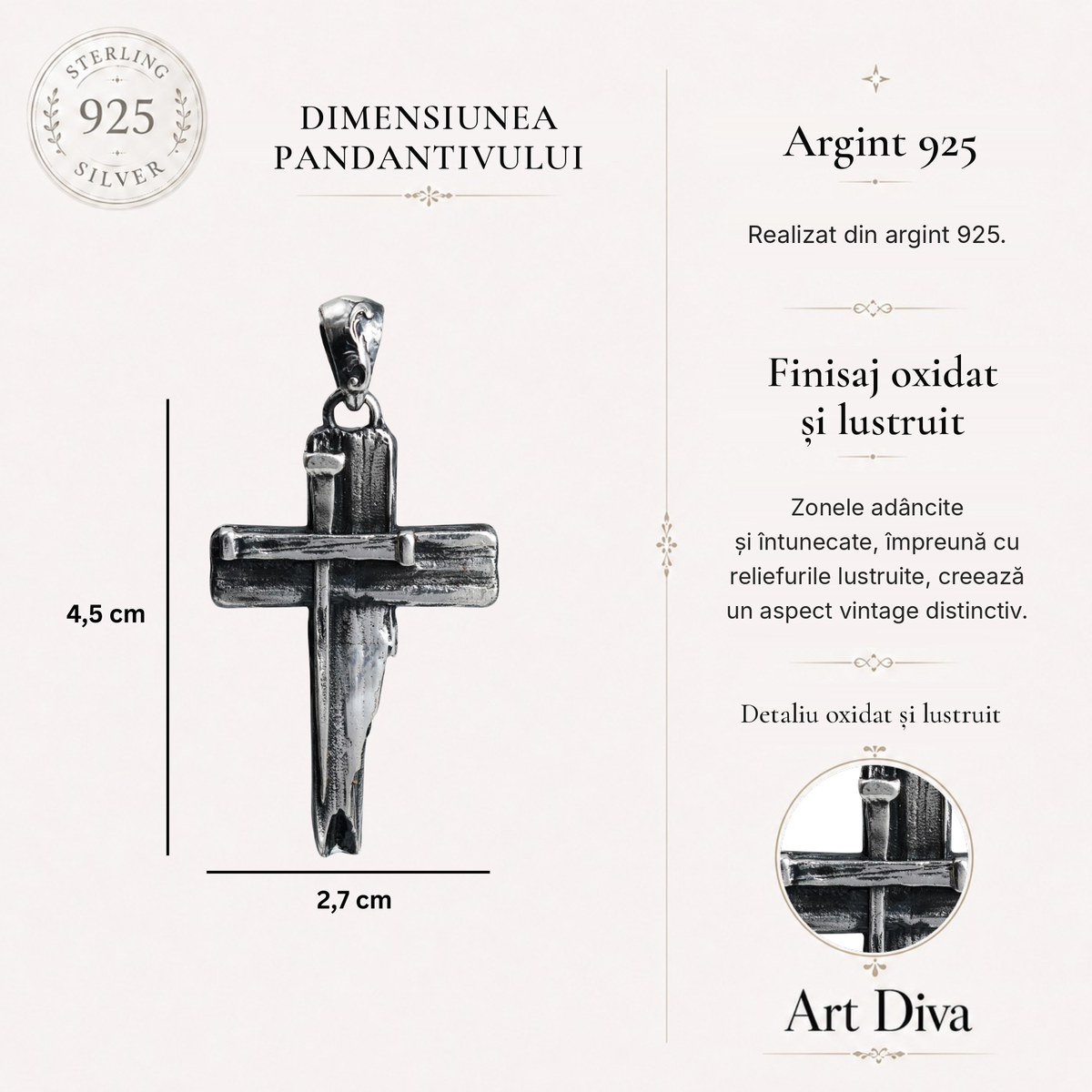 Pandantiv cruce masivă pentru bărbați din argint 925 – simbol al credinței și al hotărârii, realizat manual | Art Diva