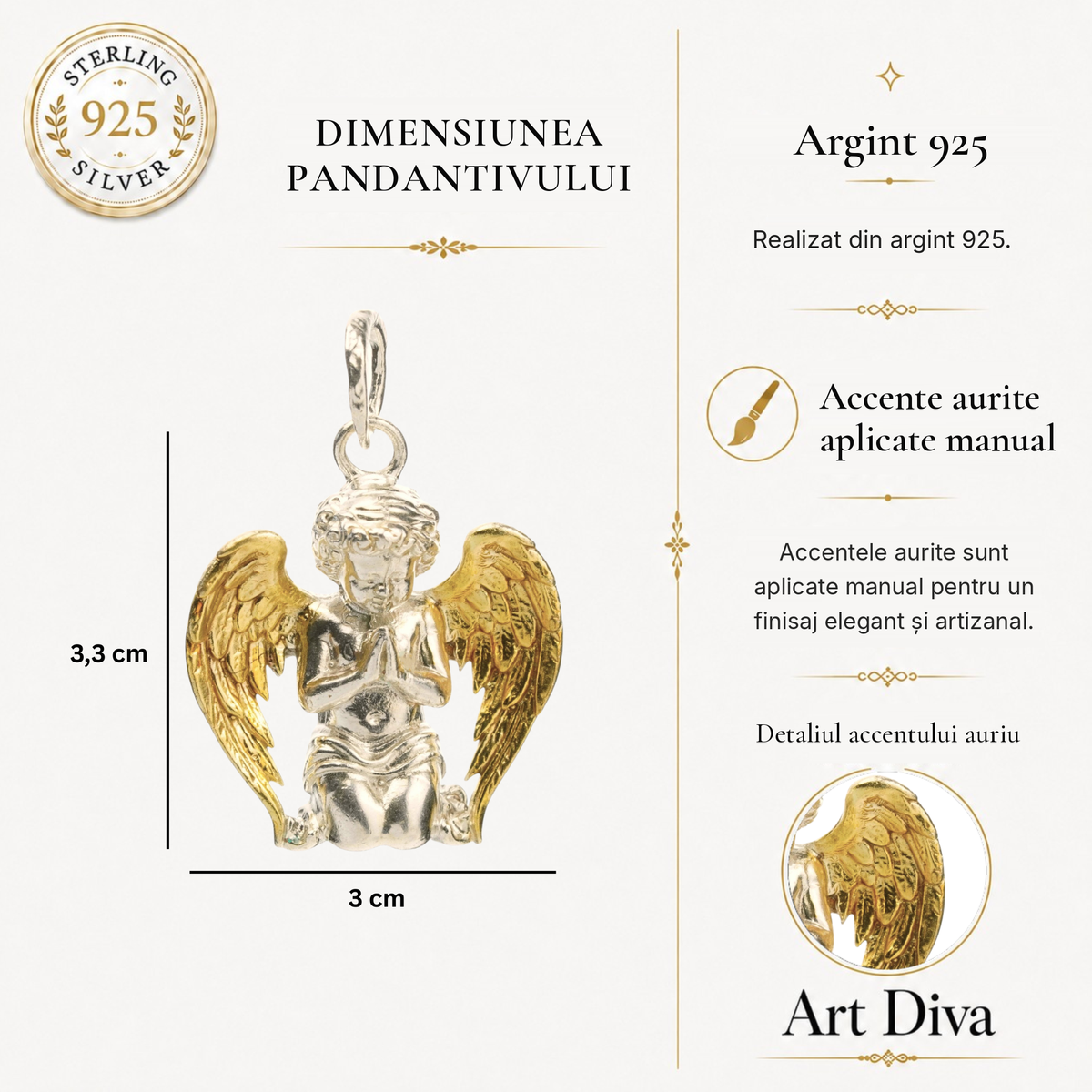 Pandantiv „Înger în Rugăciune” pentru bărbați din argint 925 cu aripi aurii – talisman handmade pentru credință, protecție și forță interioară | Art Diva