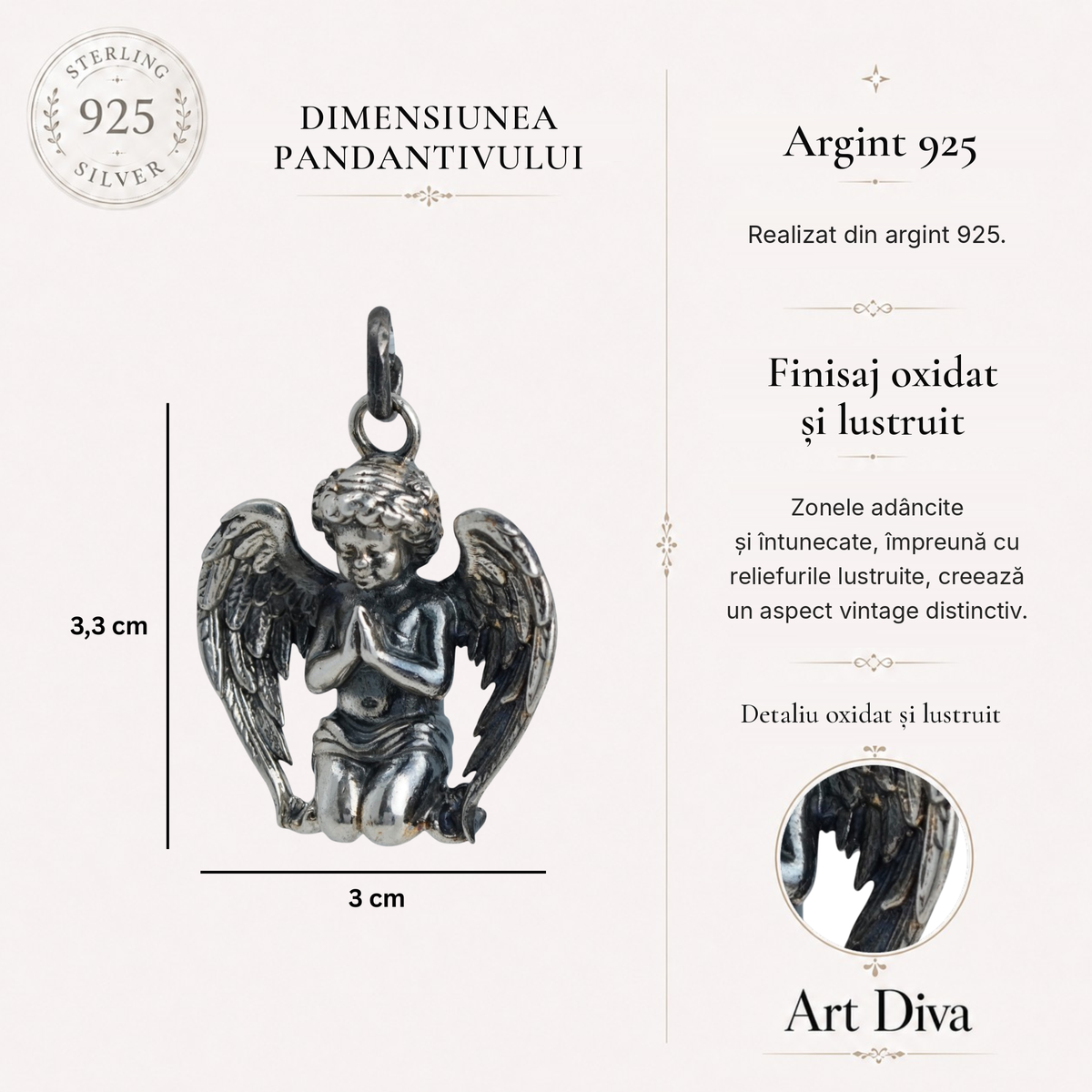 Pandantiv „Înger în rugăciune” din argint 925 cu finisaj oxidat – talisman pentru credință și lumină, amuletă de protecție pentru pace interioară, bijuterie sculpturală în stil boho și rustic | Art Diva